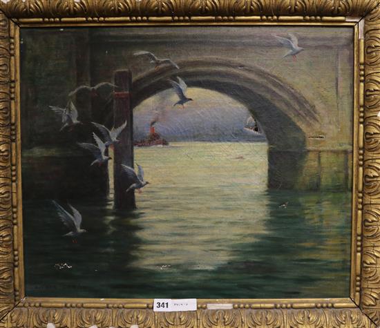 Leonard Carr Cox (fl. 1900-1909), oil on canvas, Thames Bridge scene, signed and dated 42, 49 x 60cm